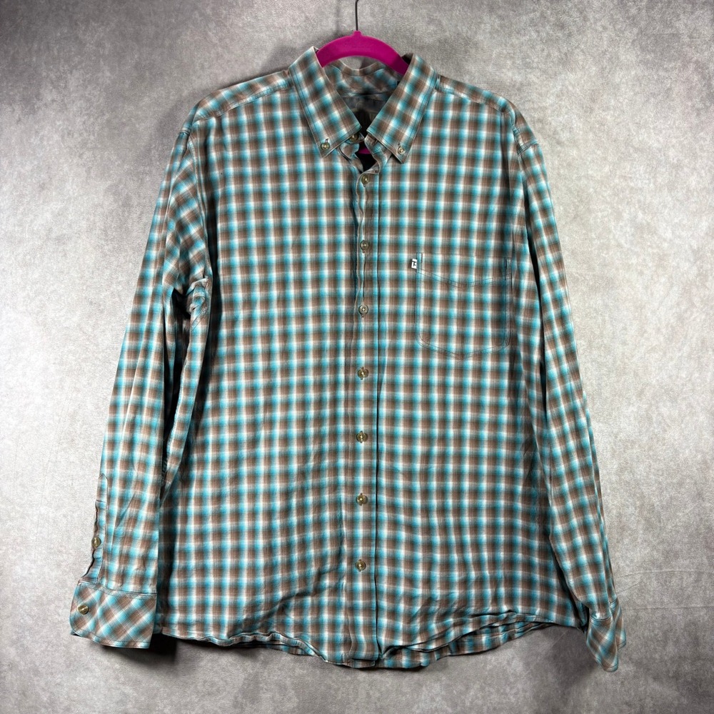 Panhandle Shirt Mens XL Blue Brown Plaid Tuf Cooper Performance Button Down Long